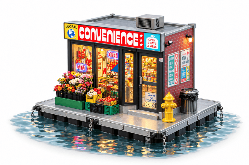 A Toronto corner store, lit up and floating on its own raft